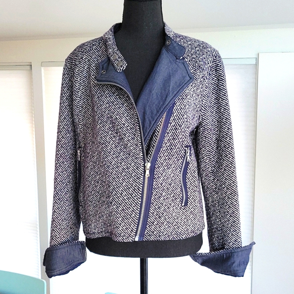 GAP Nubby Blue Tweed with Contrast Lining and Cuff Wool Blend Moto Jacket